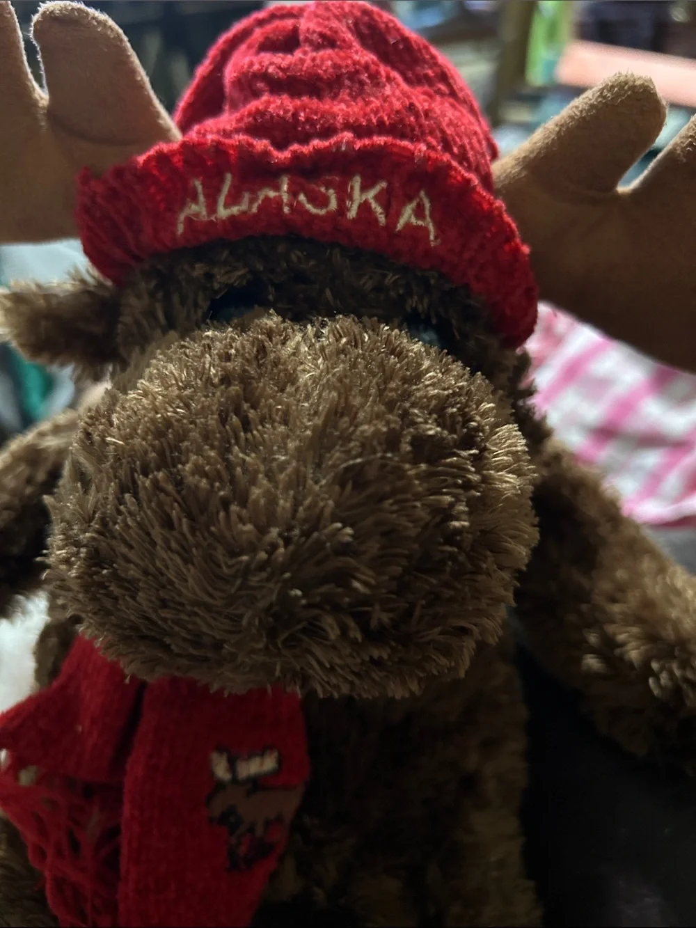 Plush Moose w/Red Hat & Scarf Alaska, Arctic Enterprise- EUC